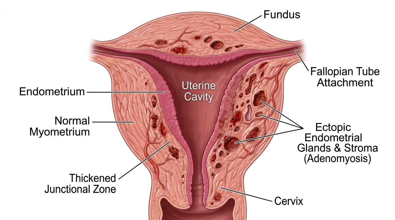 Mô bệnh học thiết đồ cắt ngang tử cung bị lạc nội mạc trong cơ tử cung Adenomyosis
