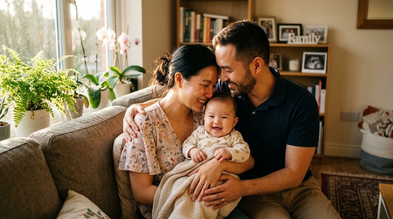 Khoảnh khắc hạnh phúc trọn vẹn của đôi vợ chồng Việt Nam bên em bé khỏe mạnh tại nhà sau hành trình IVF bình an