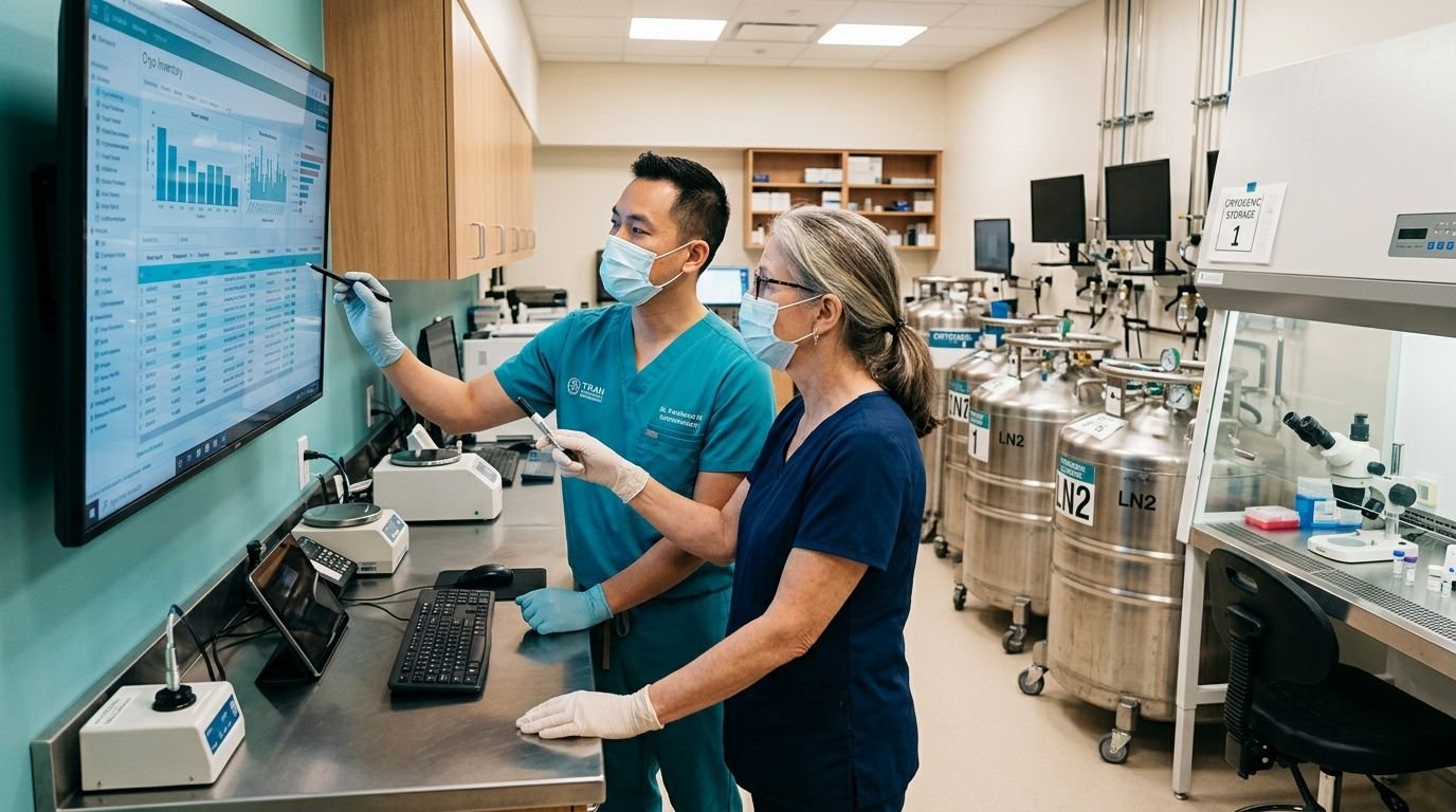 Bác sĩ Tùng và chuyên viên lab phôi học kiểm tra hệ thống định danh quản lý phôi đông lạnh trên màn hình số hóa